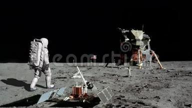 宇航员在月球上行走，挥动他的手。 美国宇航局提供的一些视频元素
